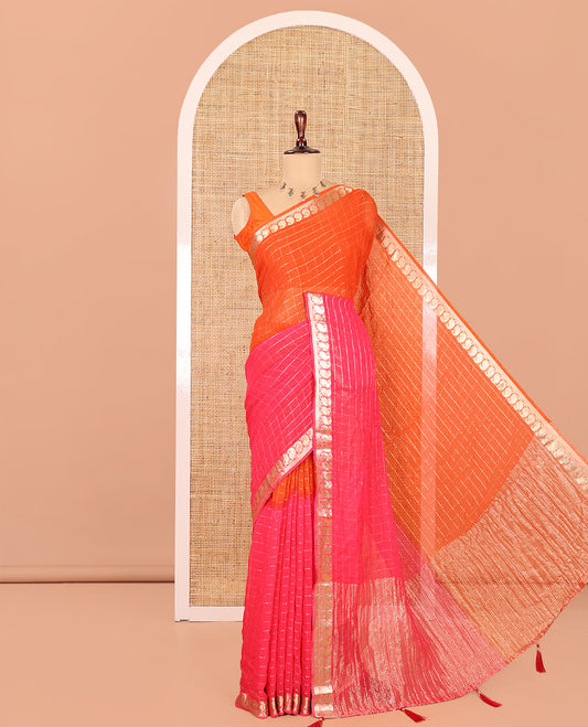 Orange-Rani Pink Chiffon Saree, Embellished with Dual-Dyed and Zari Checks, Paisley Border, Striped Pallu, Contrast Blouse