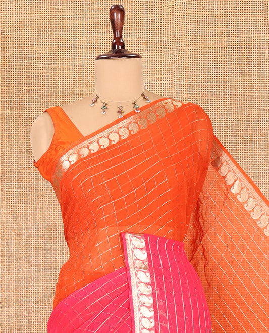 Orange-Rani Pink Chiffon Saree, Embellished with Dual-Dyed and Zari Checks, Paisley Border, Striped Pallu, Contrast Blouse