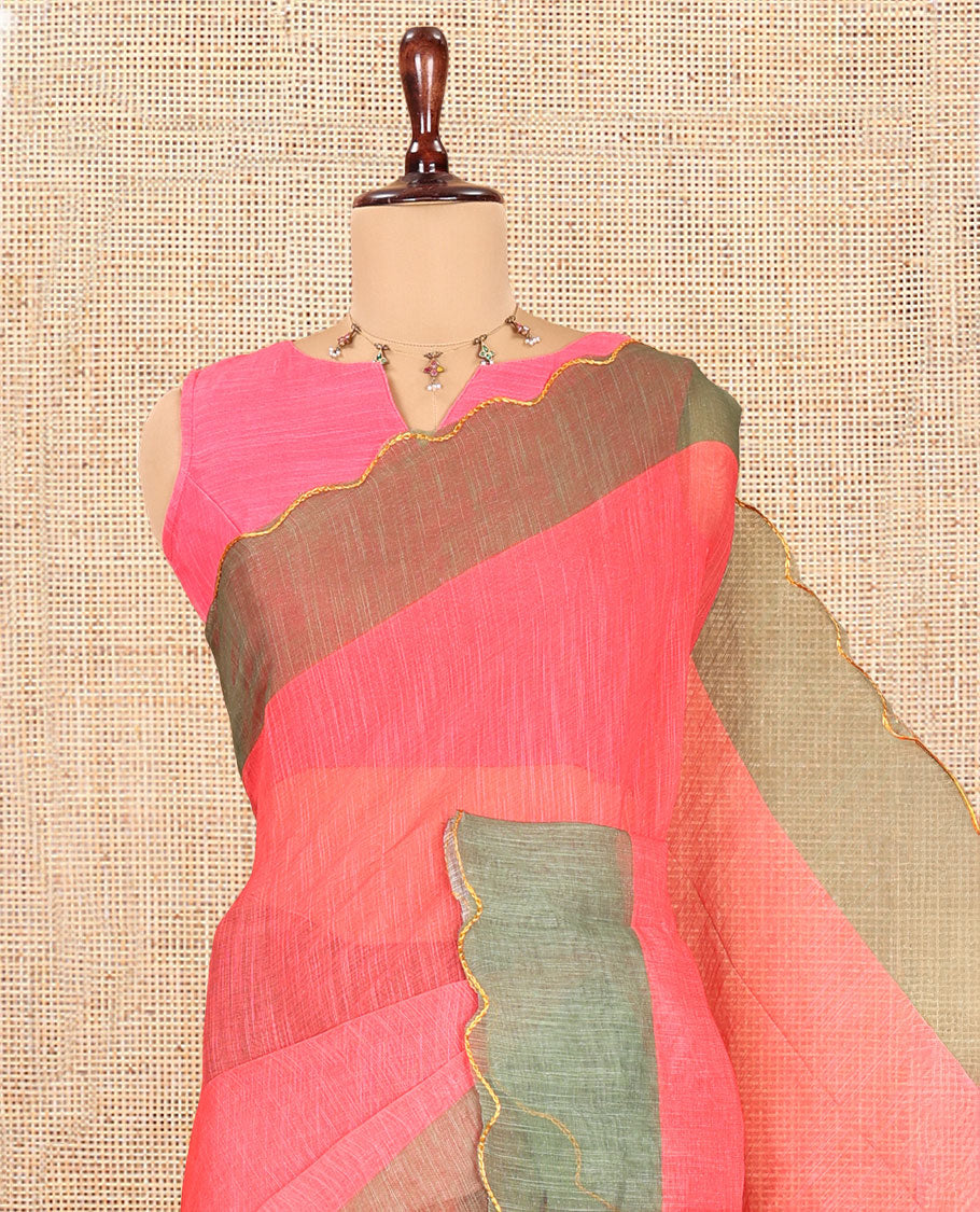 Tomato Pink Plain Linen Cotton Saree, Contrast Plain Scallop Border, a Self-Pallu, and Contrast Kalamkari Printed Blouse