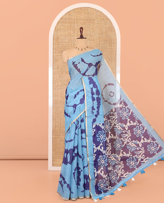 Blue Linen Cotton Saree, Adorned with Shibori Print, Gold Piping Border, Contrast Floral Printed Pallu, and Contrast Floral Printed Blouse