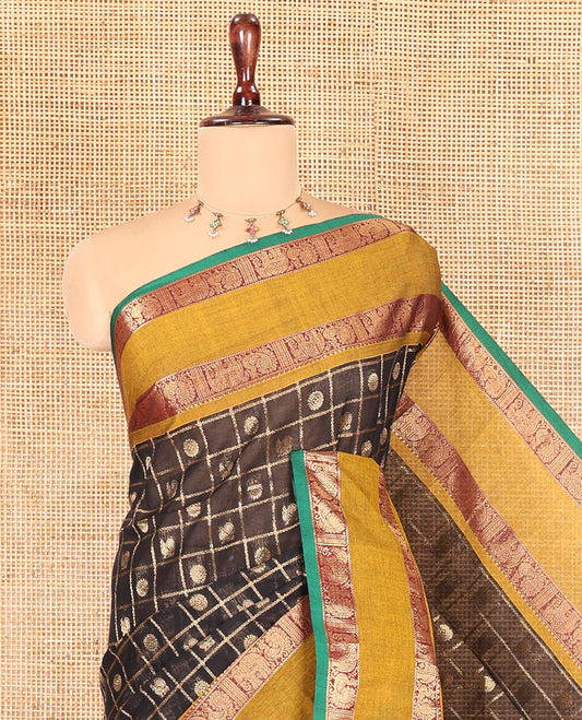 Black Chettinad Cotton Saree, Decorated with Mayil-Chakra Butta Enclosed Checks, a Contrast Rettai Pettu Border, Grand Pallu, a Matching Blouse