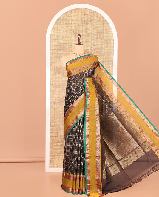 Black Chettinad Cotton Saree, Decorated with Mayil-Chakra Butta Enclosed Checks, a Contrast Rettai Pettu Border, Grand Pallu, a Matching Blouse