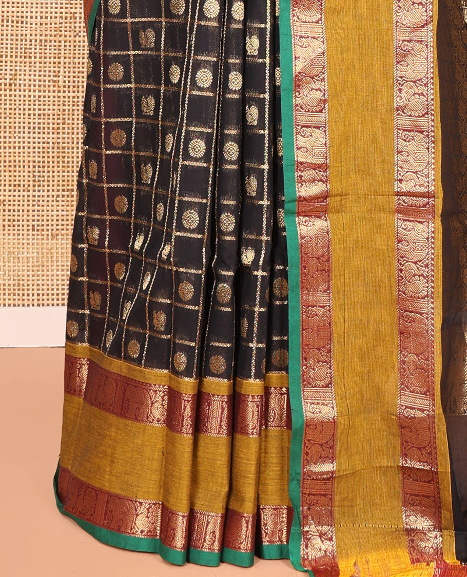 Black Chettinad Cotton Saree, Decorated with Mayil-Chakra Butta Enclosed Checks, a Contrast Rettai Pettu Border, Grand Pallu, a Matching Blouse
