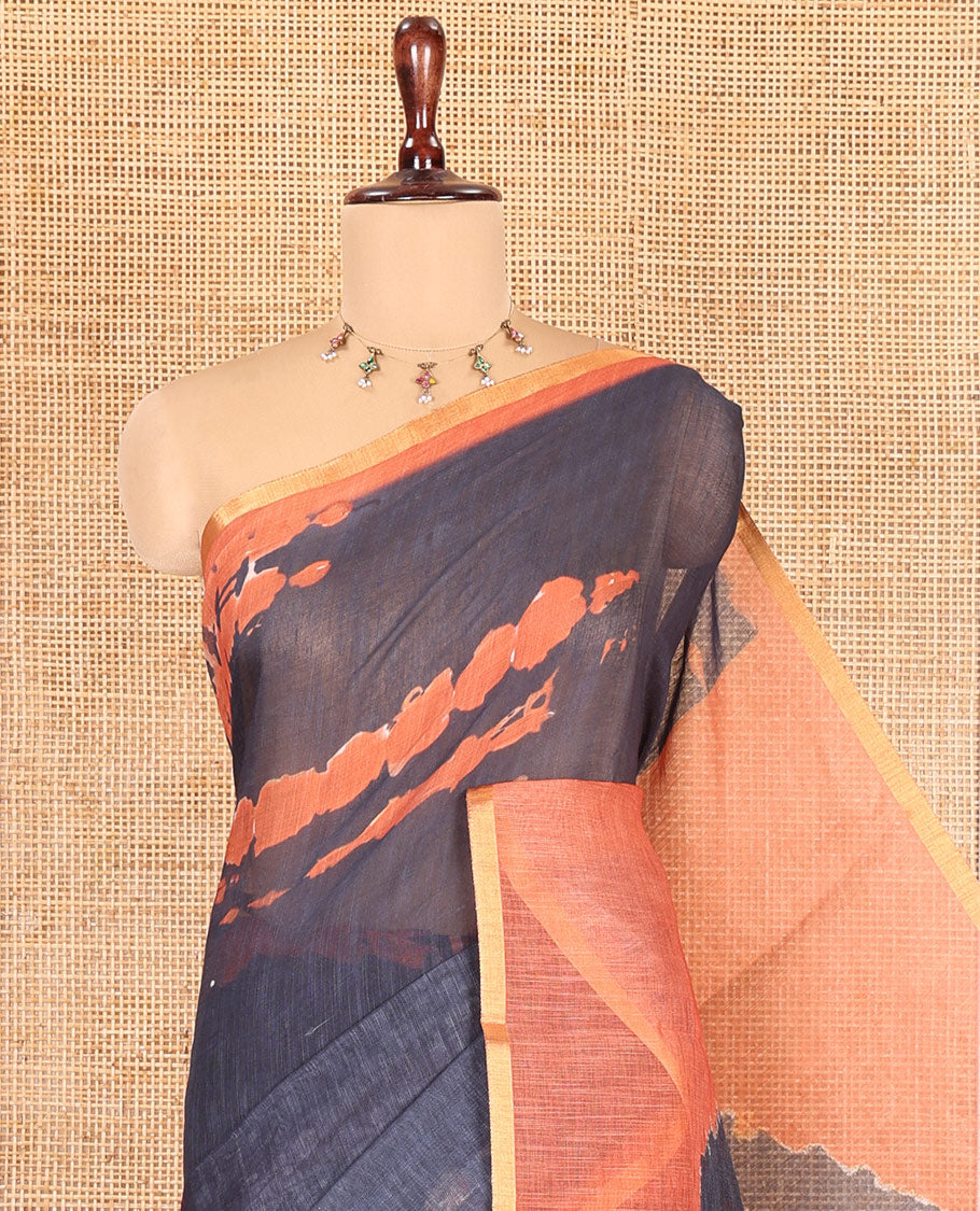 Grey Linen Cotton Saree, Subtly Sparkled with Shibori Print, Complemented by a Contrast Border, Shibori Pallu, and a Contrast Blouse