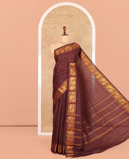 Coffee Brown Zari Checked Sungudi Cotton Saree, Highlighted by Peacock Zari Border, and a Contrast Blouse