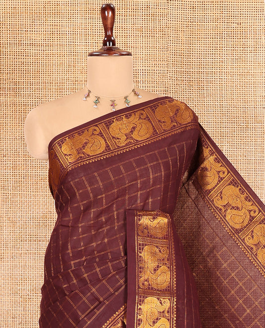 Coffee Brown Zari Checked Sungudi Cotton Saree, Highlighted by Peacock Zari Border, and a Contrast Blouse