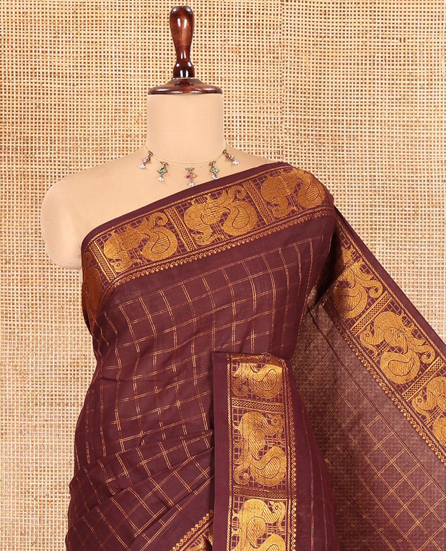 Coffee Brown Zari Checked Sungudi Cotton Saree, Highlighted by Peacock Zari Border, and a Contrast Blouse