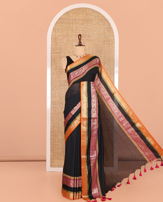 Black Plain Khadi Mul Cotton Saree, Complemented by Contrast Rettai Pettu Traditional Peacock Border, No Blouse