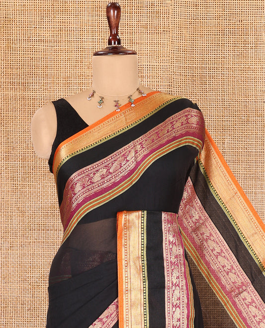 Black Plain Khadi Mul Cotton Saree, Complemented by Contrast Rettai Pettu Traditional Peacock Border, No Blouse