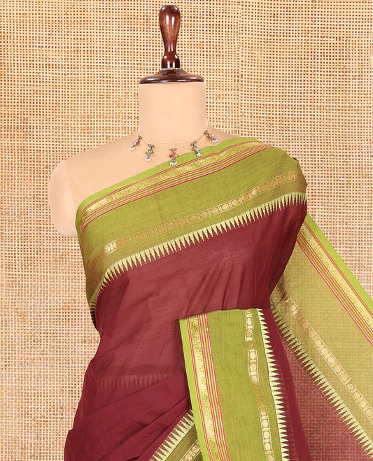 Coffee Brown Plain Chettinad Cotton Saree, a Contrast Traditional Temple Rettai Pettu Border, a Matching Blouse
