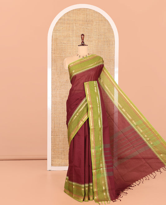 Coffee Brown Plain Chettinad Cotton Saree, a Contrast Traditional Temple Rettai Pettu Border, a Matching Blouse
