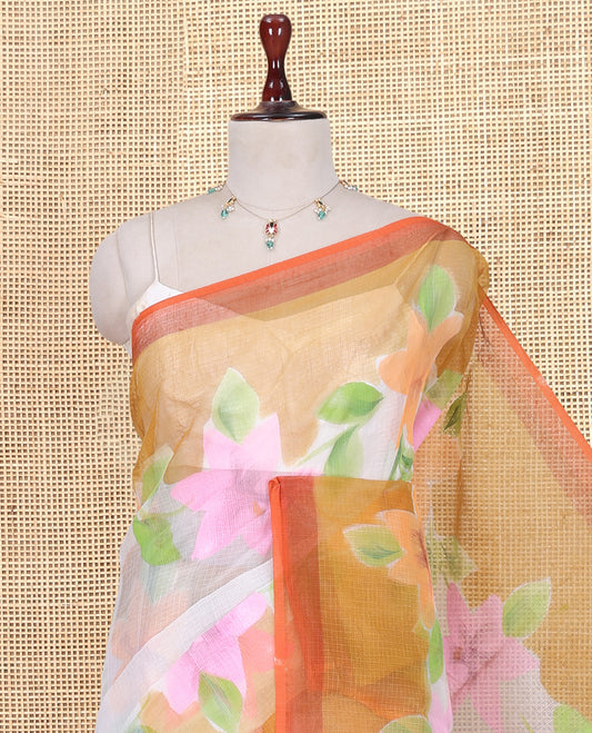 White Kota Doria Saree, Adorned with 6-Petal Floral Print, a Contrast Border, and a Matching Blouse