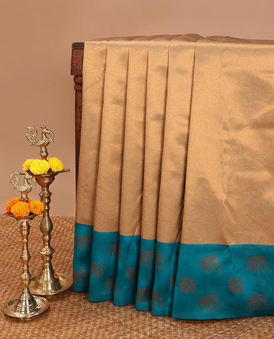 Gold copper zari design litchi soft silk saree with contrast elephant, annam zari design border & rich pallu along with brocade blouse