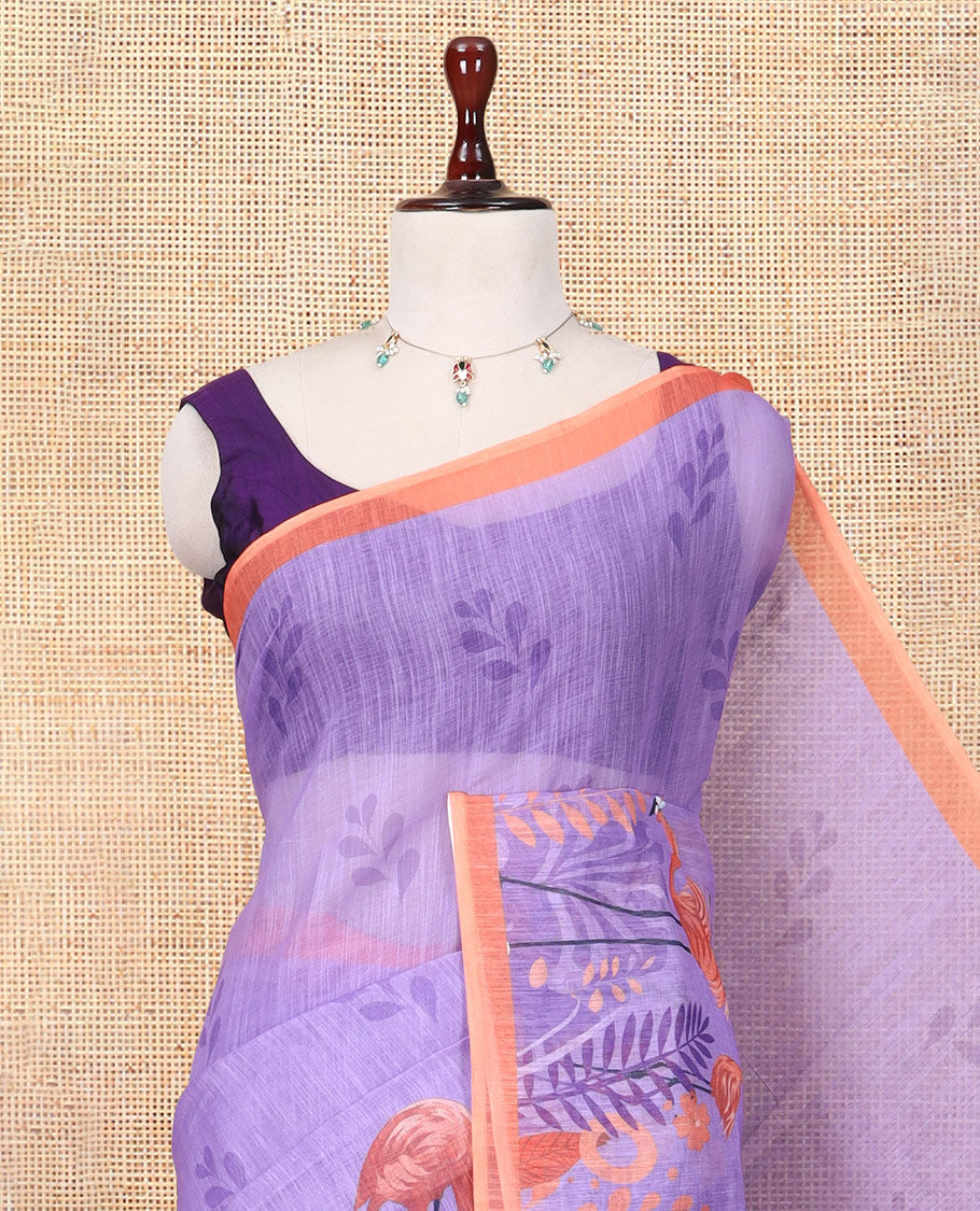 Lavender Linen Cotton Saree, Adorned with Floral Crane Motifs Print, a Contrast Border, and a Contrast Blouse