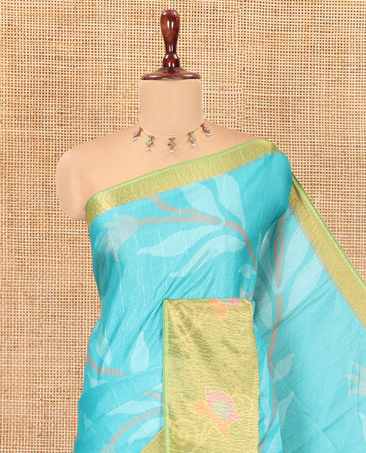 Rama Manipuri Silk Saree, Adorned with Pochampally-Style Floral Vine, a Contrast Floral Creeper Border, Floral Pallu, a Contrast Blouse
