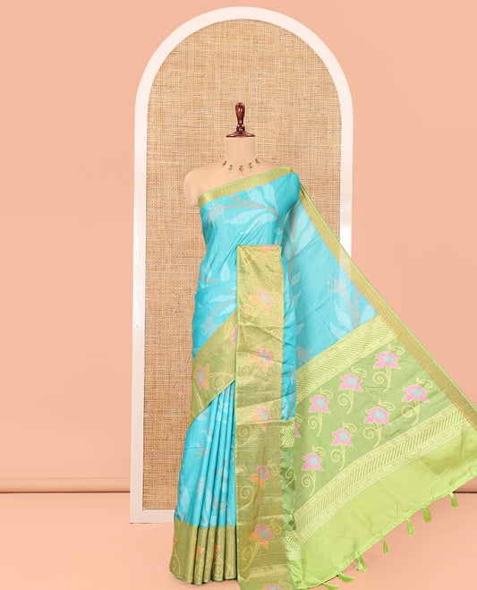 Rama Manipuri Silk Saree, Adorned with Pochampally-Style Floral Vine, a Contrast Floral Creeper Border, Floral Pallu, a Contrast Blouse