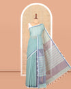 Dusky Green Plain Khadi Mul Cotton Saree, a Contrast Satin Border, Striped Pallu, and a Plain Blouse