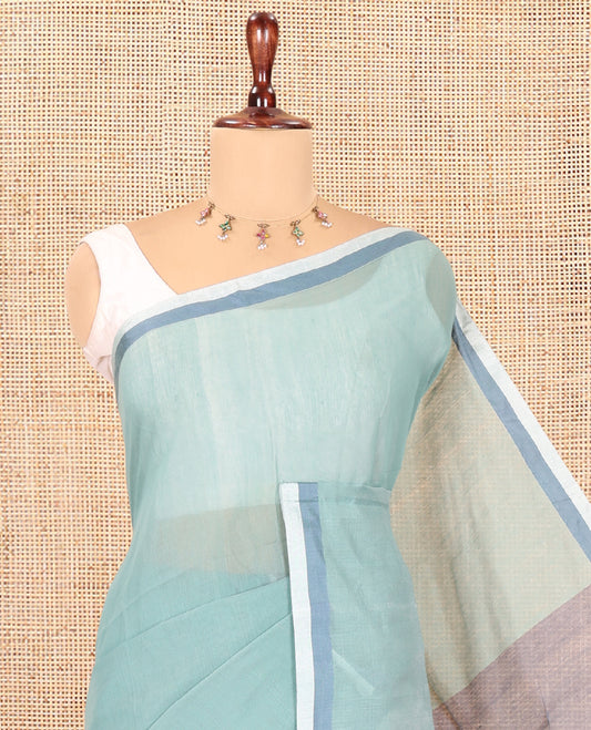 Dusky Green Plain Khadi Mul Cotton Saree, a Contrast Satin Border, Striped Pallu, and a Plain Blouse