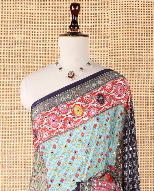 Multi-color printed, mirror work synon silk saree with printed border & printed rich pallu along with plain blouse