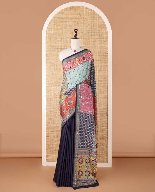 Multi-color printed, mirror work synon silk saree with printed border & printed rich pallu along with plain blouse