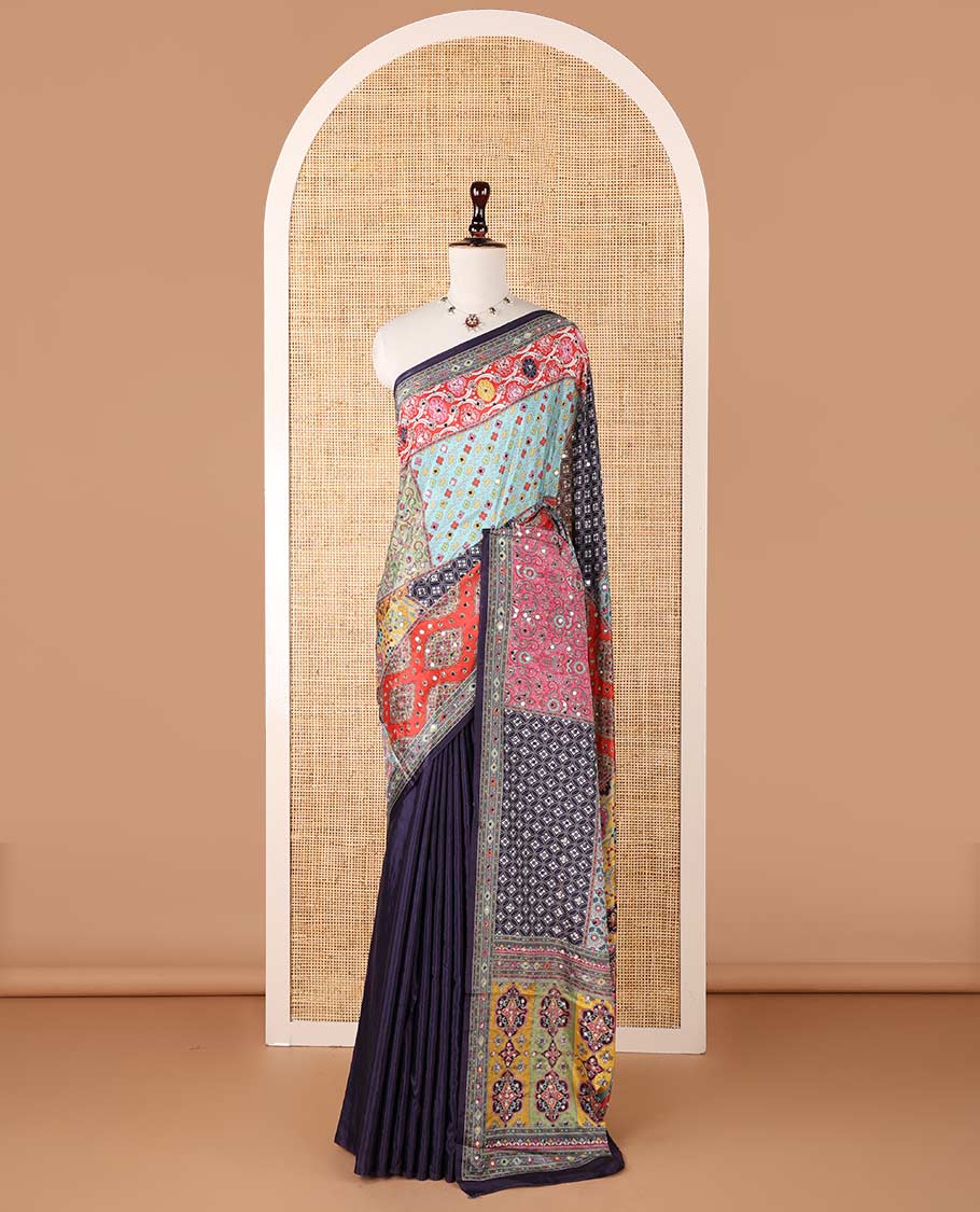 Multi-color printed, mirror work synon silk saree with printed border & printed rich pallu along with plain blouse
