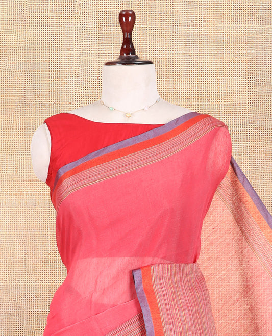 Red Plain Khadi Cotton Saree, Contrast Satin Striped Border, Striped Pallu, and a Contrast Blouse