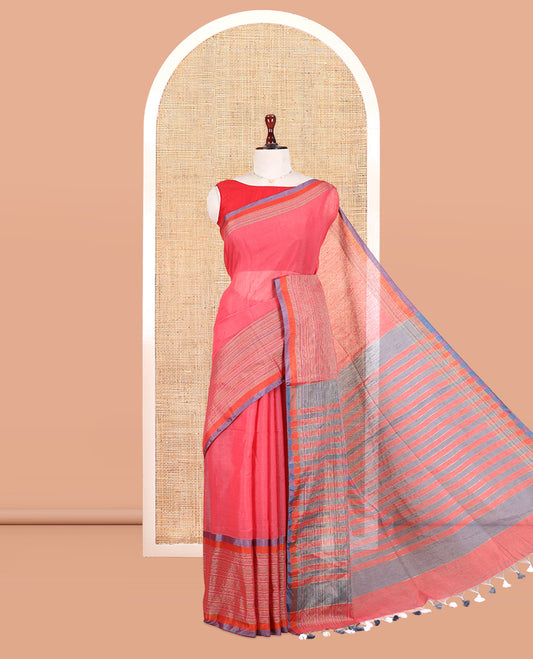 Red Plain Khadi Cotton Saree, Contrast Satin Striped Border, Striped Pallu, and a Contrast Blouse