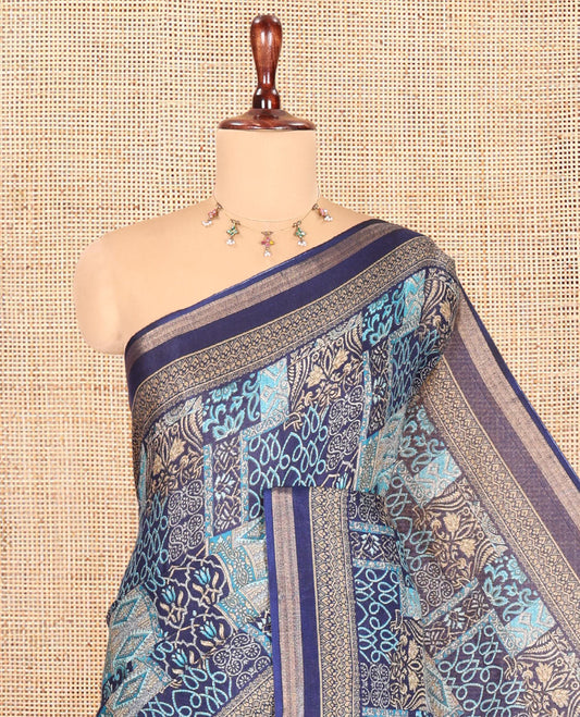 Navy Blue Malai Cotton Saree, Adorned with Handblock Print, a Contrast Border, Sparsely Pallu, Matching Blouse