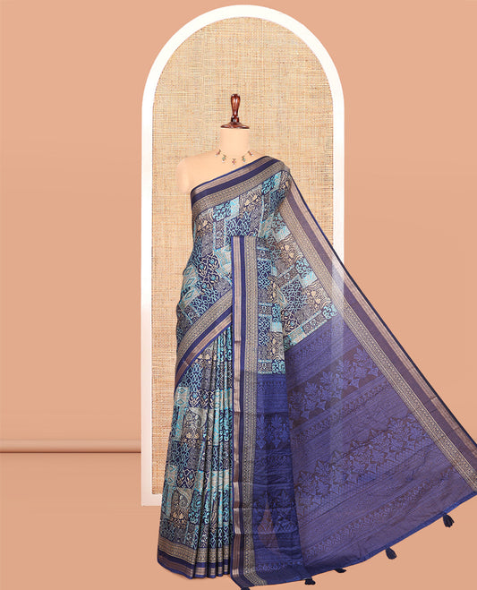 Navy Blue Malai Cotton Saree, Adorned with Handblock Print, a Contrast Border, Sparsely Pallu, Matching Blouse