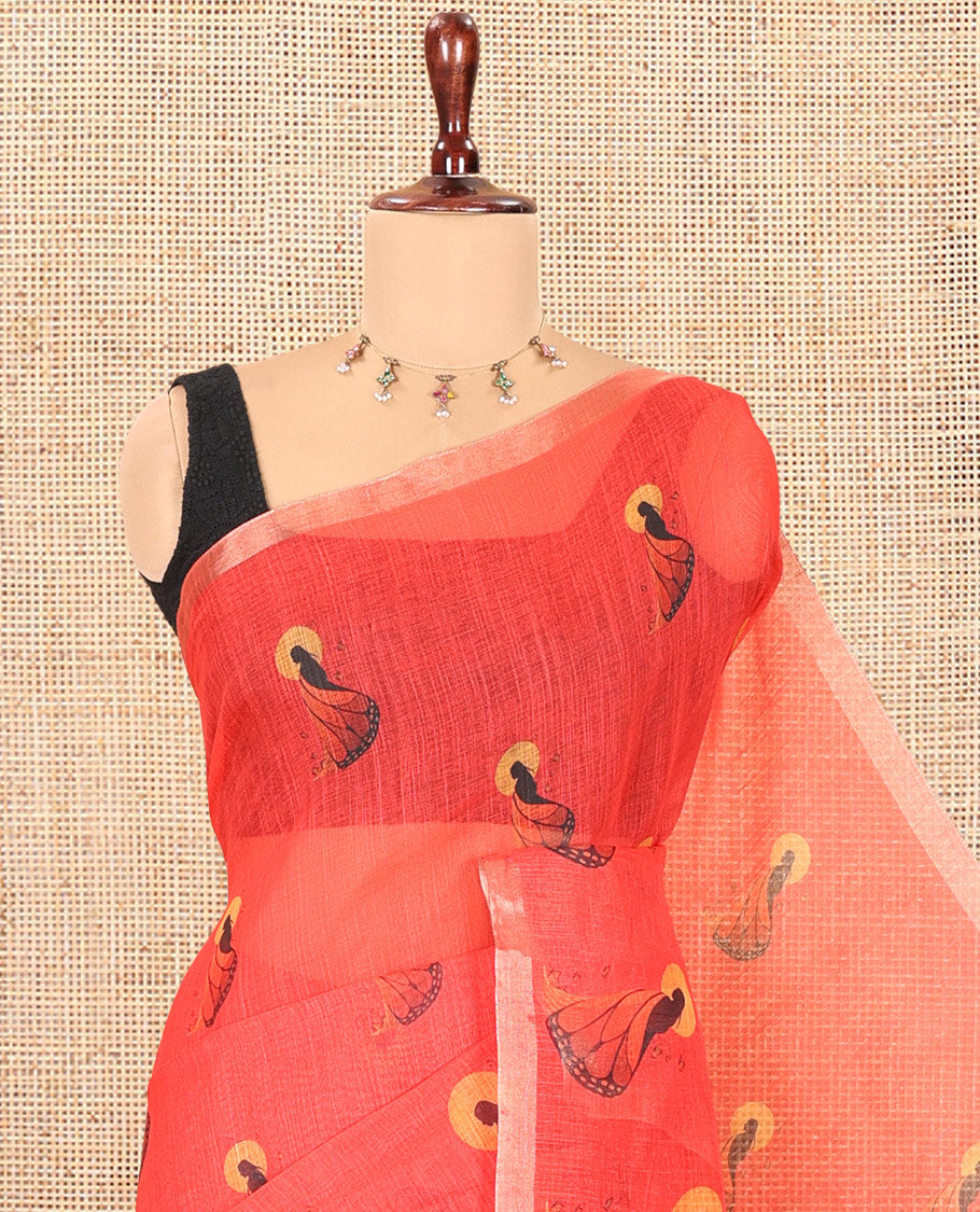 Red Linen Cotton Saree, Adorned with Butterfly Woman Print, a Piping Border, a Contrast Blouse