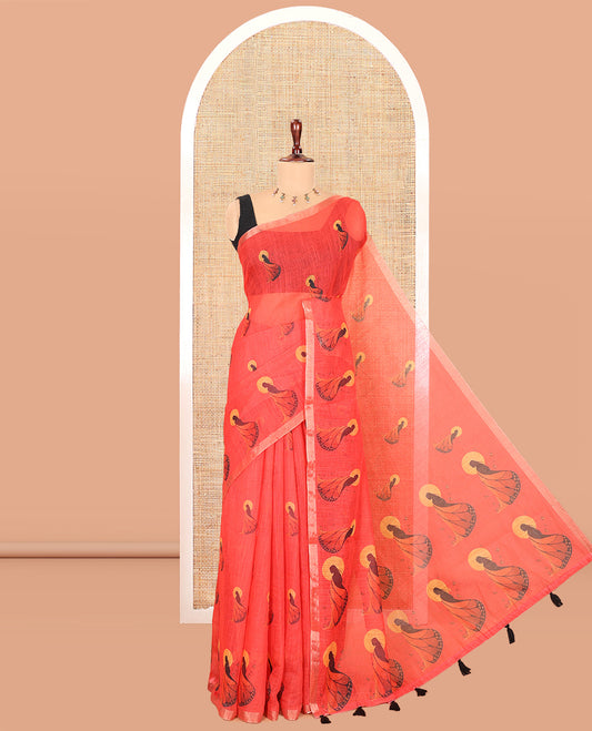 Red Linen Cotton Saree, Adorned with Butterfly Woman Print, a Piping Border, a Contrast Blouse
