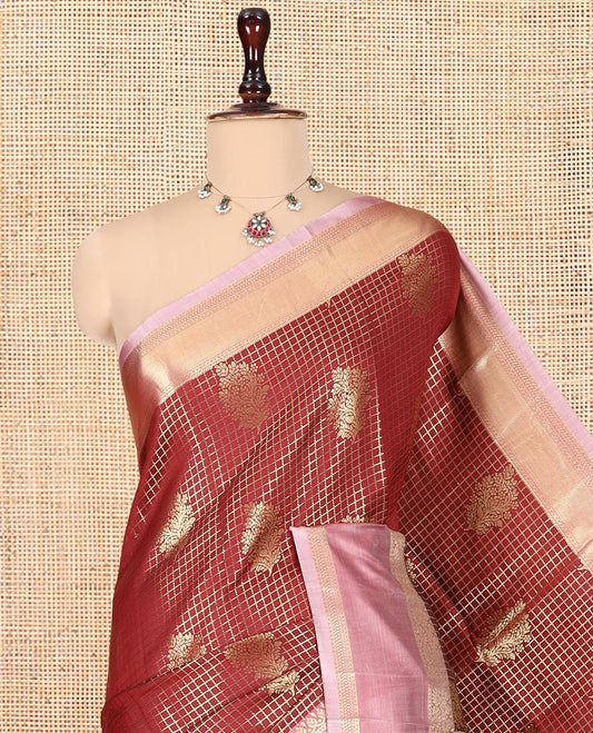 Maroon Semi-Kanchi Silk Saree Features Zari Checks and Buttas, a Contrast Traditional Border, Jaal Pallu, Matching Blouse