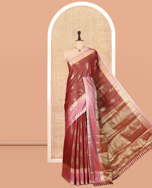 Maroon Semi-Kanchi Silk Saree Features Zari Checks and Buttas, a Contrast Traditional Border, Jaal Pallu, Matching Blouse
