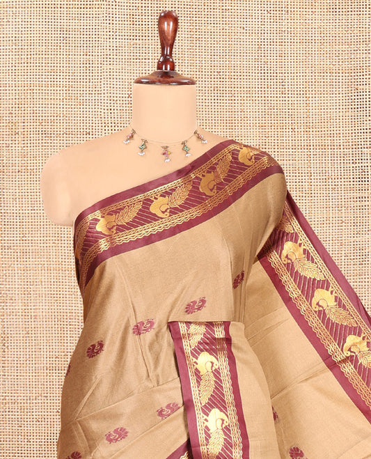 Chikku Peacock Buttas Semi-Soft Silk Saree, Contrast Peacock Border, Buttas Pallu, Matching Blouse