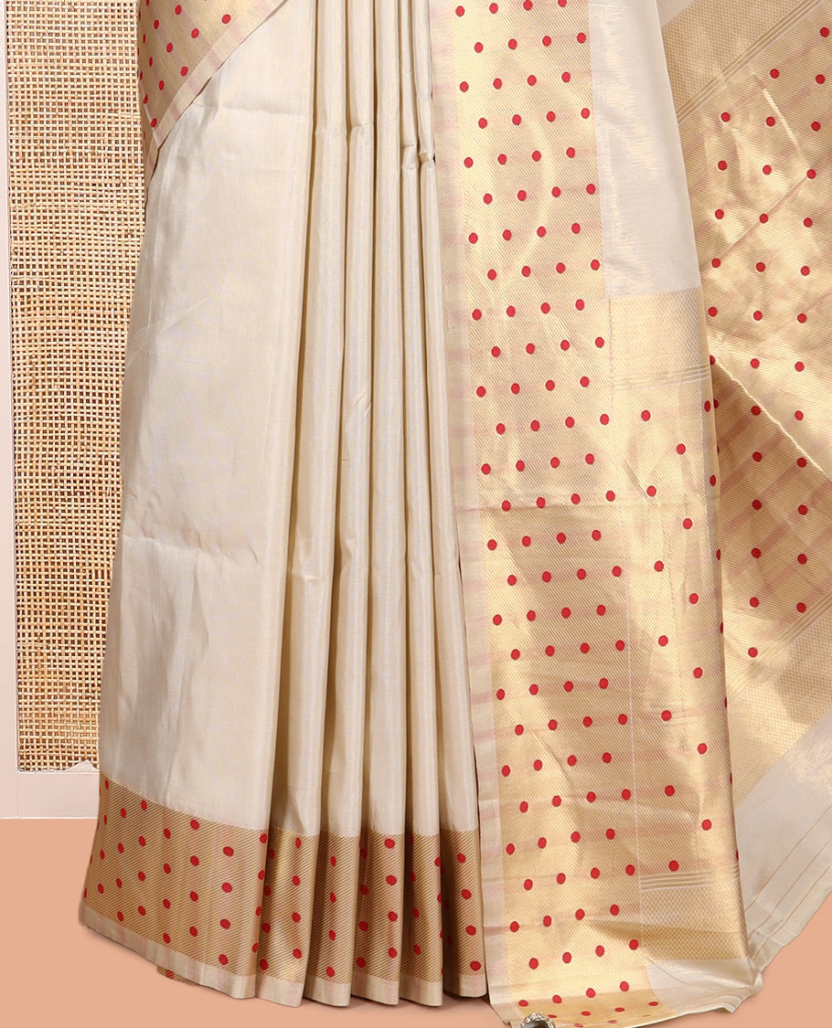 Gold-Red Plain Tissue Saree, Gold Polka-Dotted Border, Matching Blouse