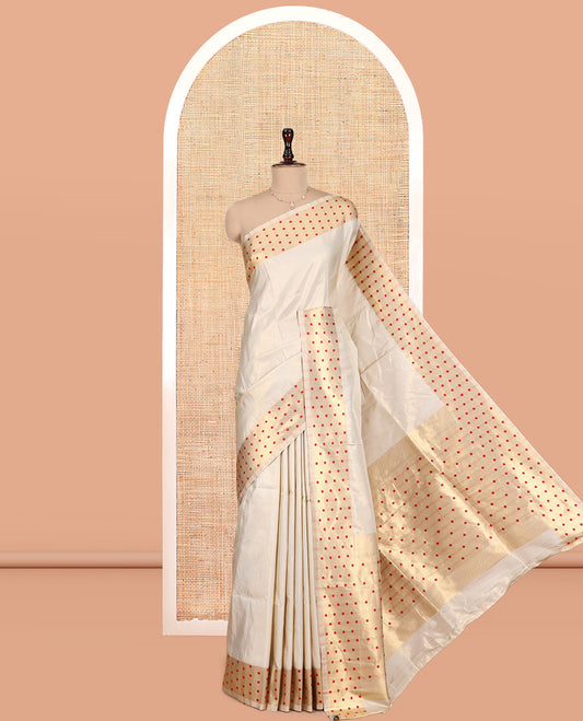 Gold-Red Plain Tissue Saree, Gold Polka-Dotted Border, Matching Blouse