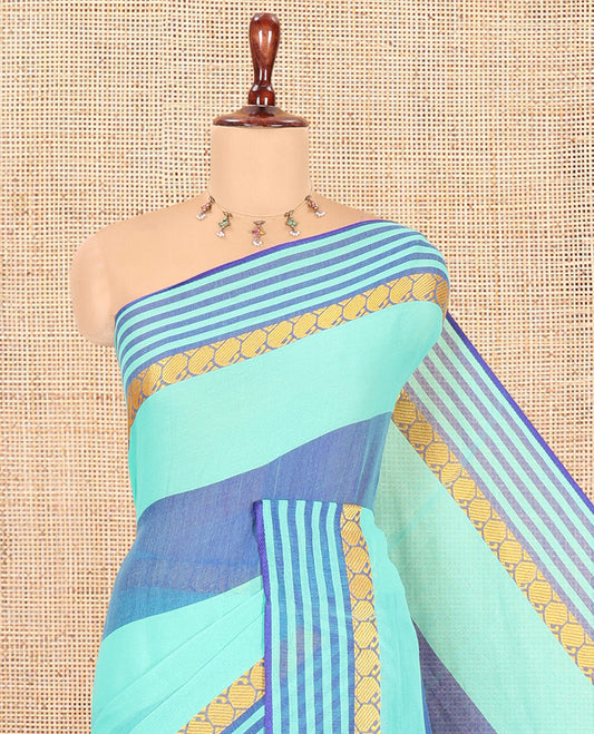Royal Blue-Green Striped Khadi Cotton Saree, a Paisley Border, Checked Pallu, and No Blouse