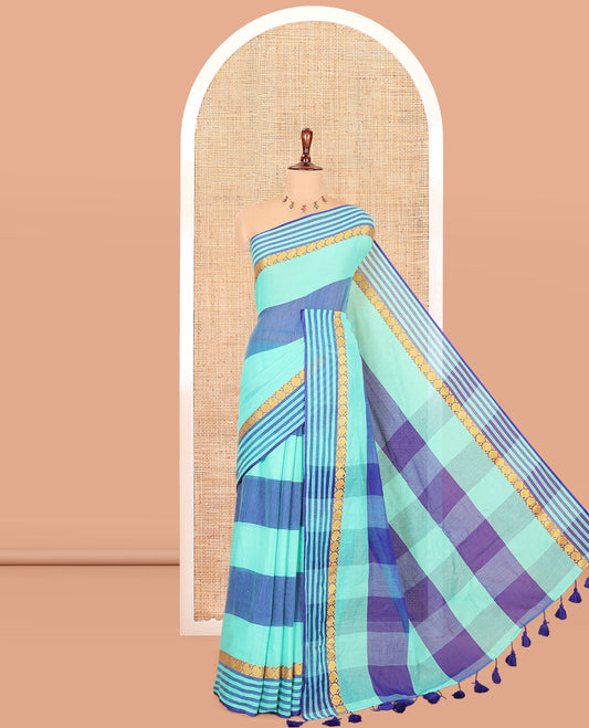 Royal Blue-Green Striped Khadi Cotton Saree, a Paisley Border, Checked Pallu, and No Blouse