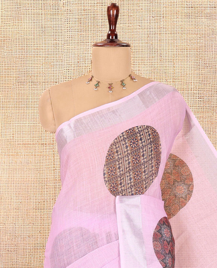 Dusky Pink Linen Cotton Saree Features Ajrakh Geometric Print, a Zari Border, Printed Pallu, Contrast Blouse