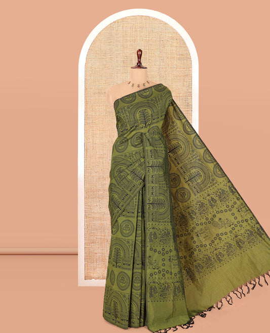 Borderless Olive Green Warli Printed South Cotton Saree, Printed Pallu and a Matching Blouse
