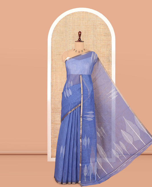 Blue Linen Cotton Saree Features Tree Print, a Zari Piping Border, and a Matching Blouse