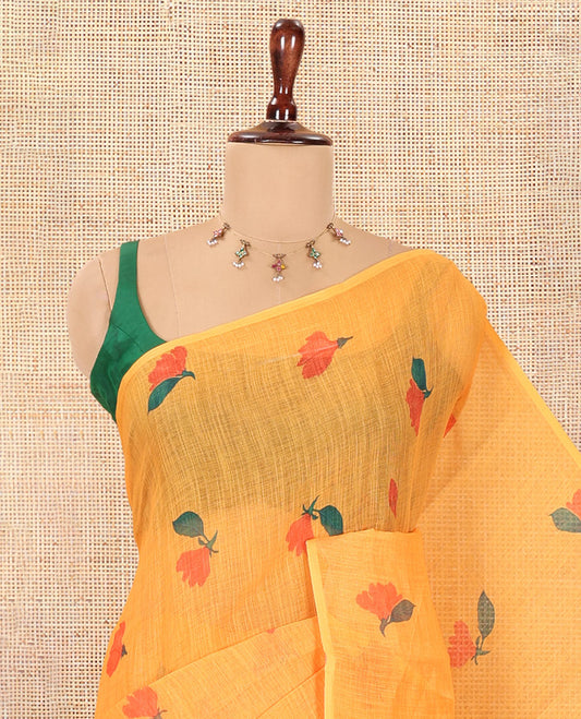 Borderless Orange Floral Motif Printed Linen Cotton Saree Comes with a Contrast Printed Blouse