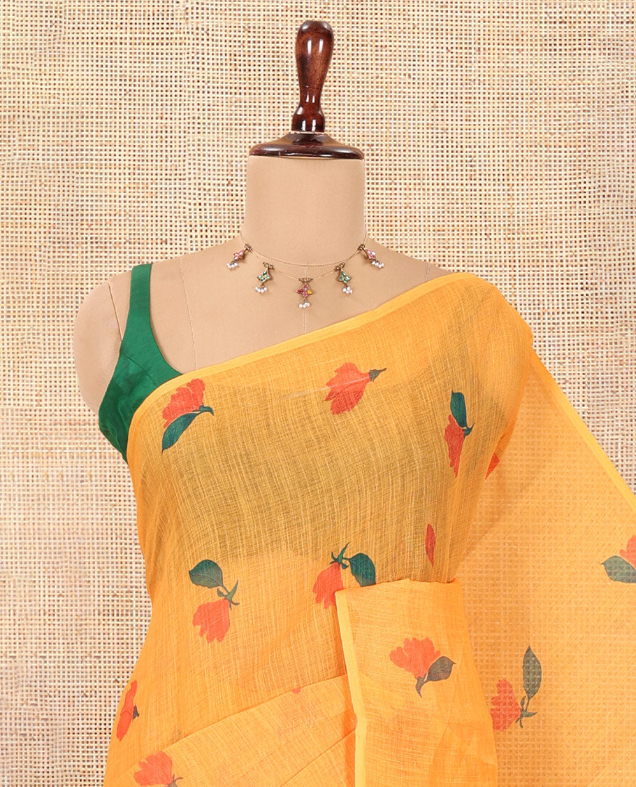 Borderless Orange Floral Motif Printed Linen Cotton Saree Comes with a Contrast Printed Blouse