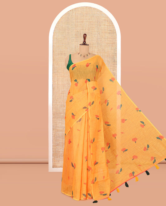 Borderless Orange Floral Motif Printed Linen Cotton Saree Comes with a Contrast Printed Blouse