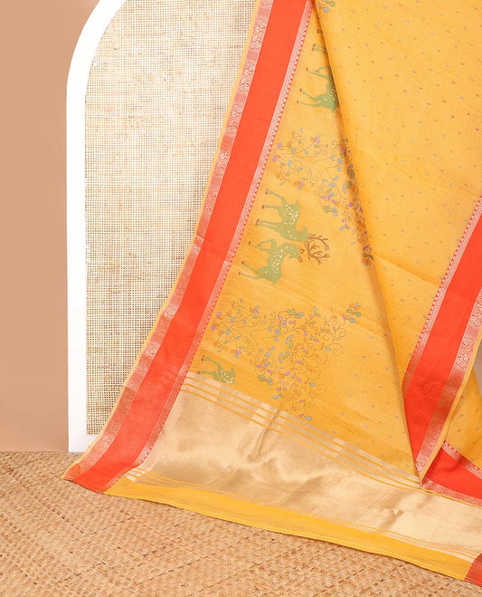 Yellow screen printed chanderi cotton saree with double pad annam border & tissue pallu along with brocade blouse