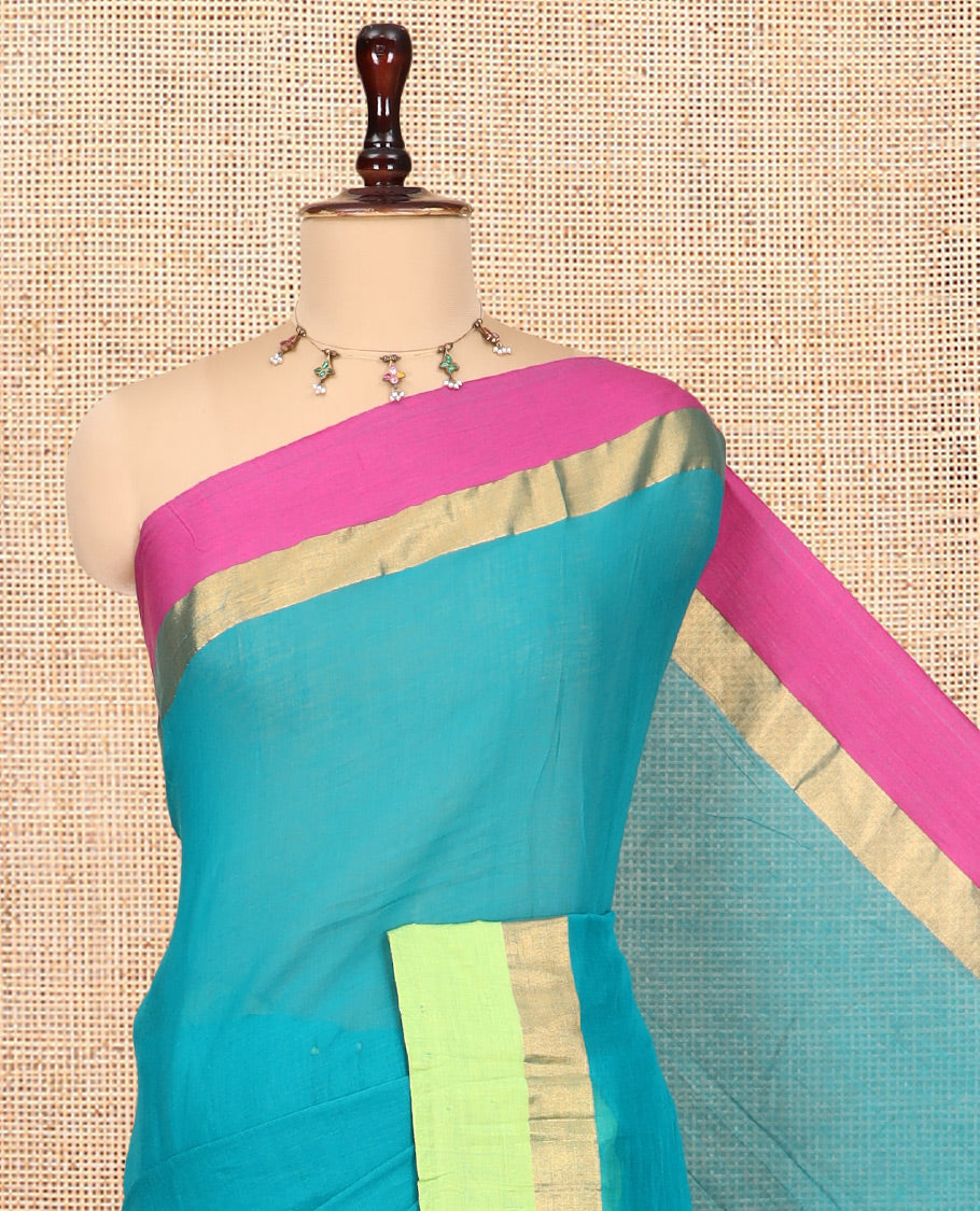 Rama Green Plain Khadi Mul Cotton Saree, a Contrast Ganga-Jamuna Zari Border, a Self-Pallu, and No Blouse