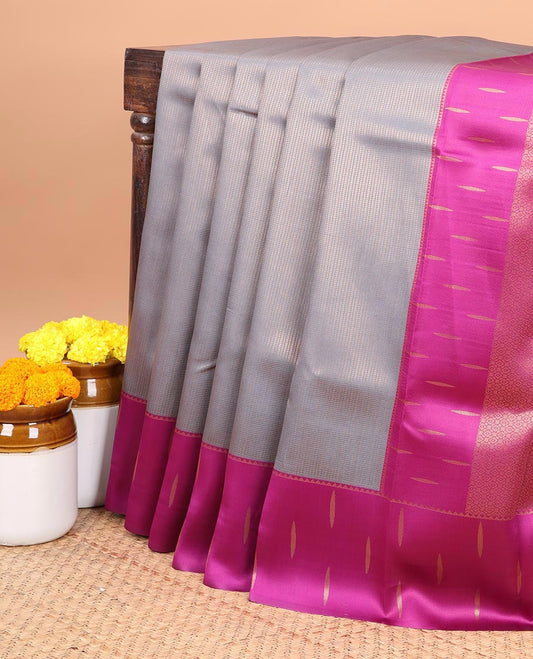 Grey copper zari brocadedesign litchi soft silk saree with contrast korvai stain , weaving buttas border & contrast weaving rich pallu along with copper zari, small buttas blouse