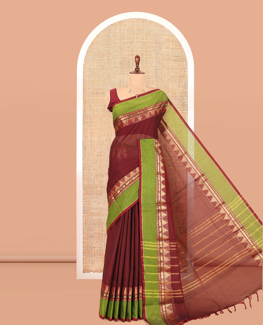 Brown Plain Chettinad Cotton Saree, a Contrast Temple Traditional Kal Eragina Border, Striped Pallu, a Matching Blouse