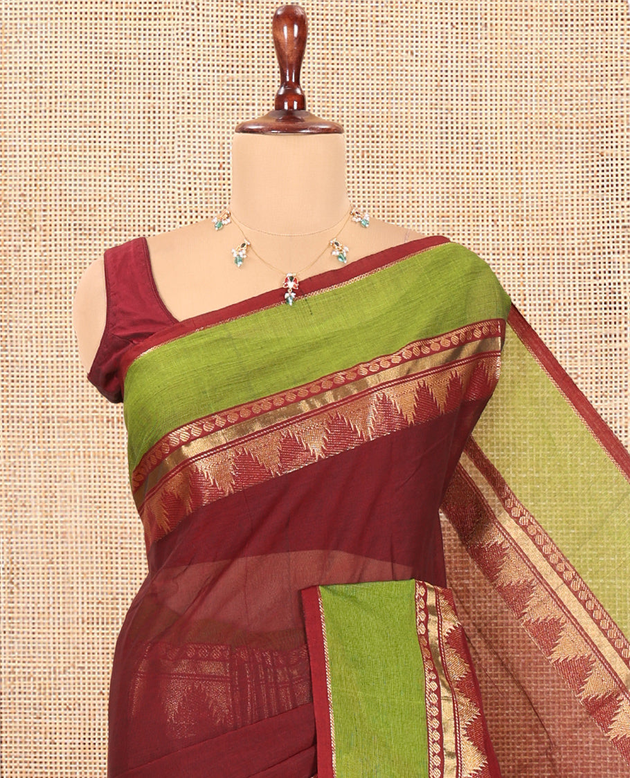 Brown Plain Chettinad Cotton Saree, a Contrast Temple Traditional Kal Eragina Border, Striped Pallu, a Matching Blouse
