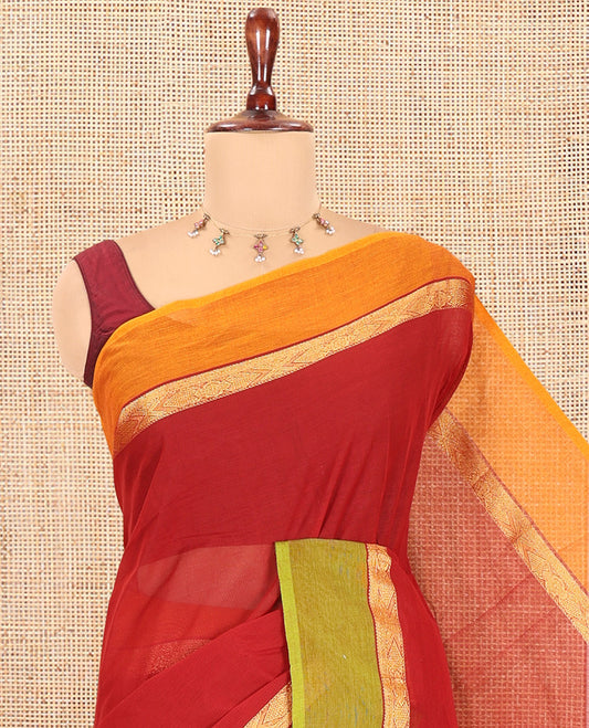 Maroon Plain Chettinad Cotton Saree with a Contrast Ganga-Jamuna Border, Striped Pallu, and a Matching Blouse